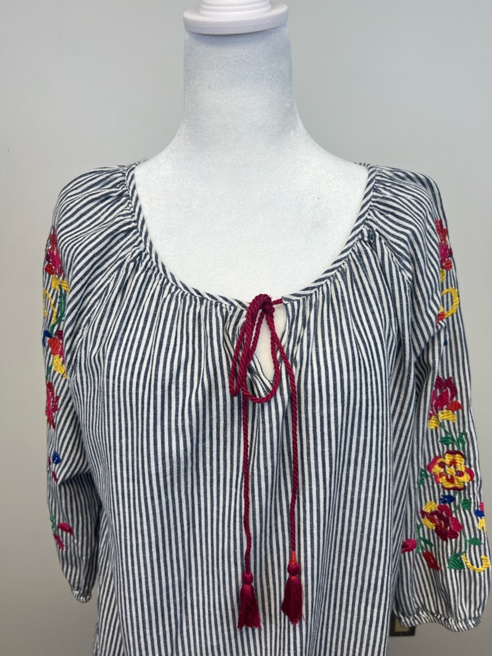 Westport Navy White Striped Embroidered Flowers Long Sleeve Top Boho Chic XL - Picture 6 of 10